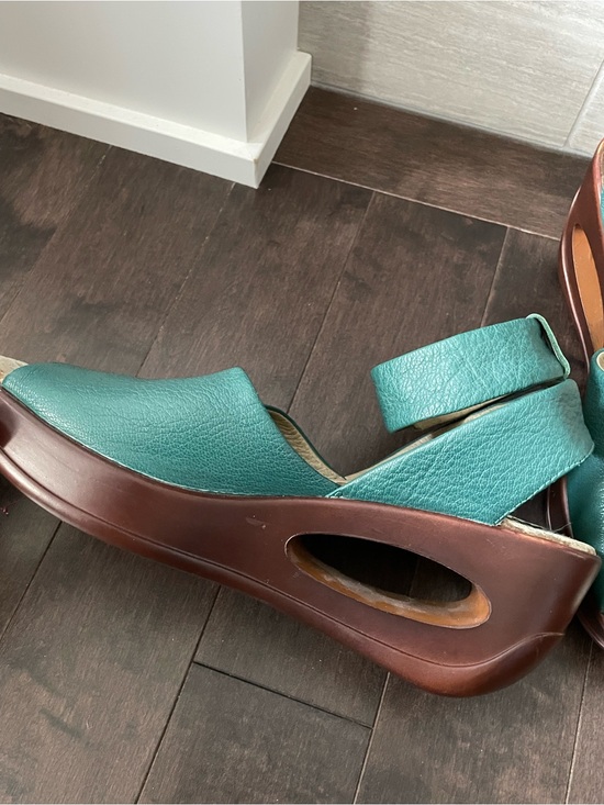 Fly London Shoes - Fly London Teal Leather Wedge Sandals with Brown Platform Women’s Size 39